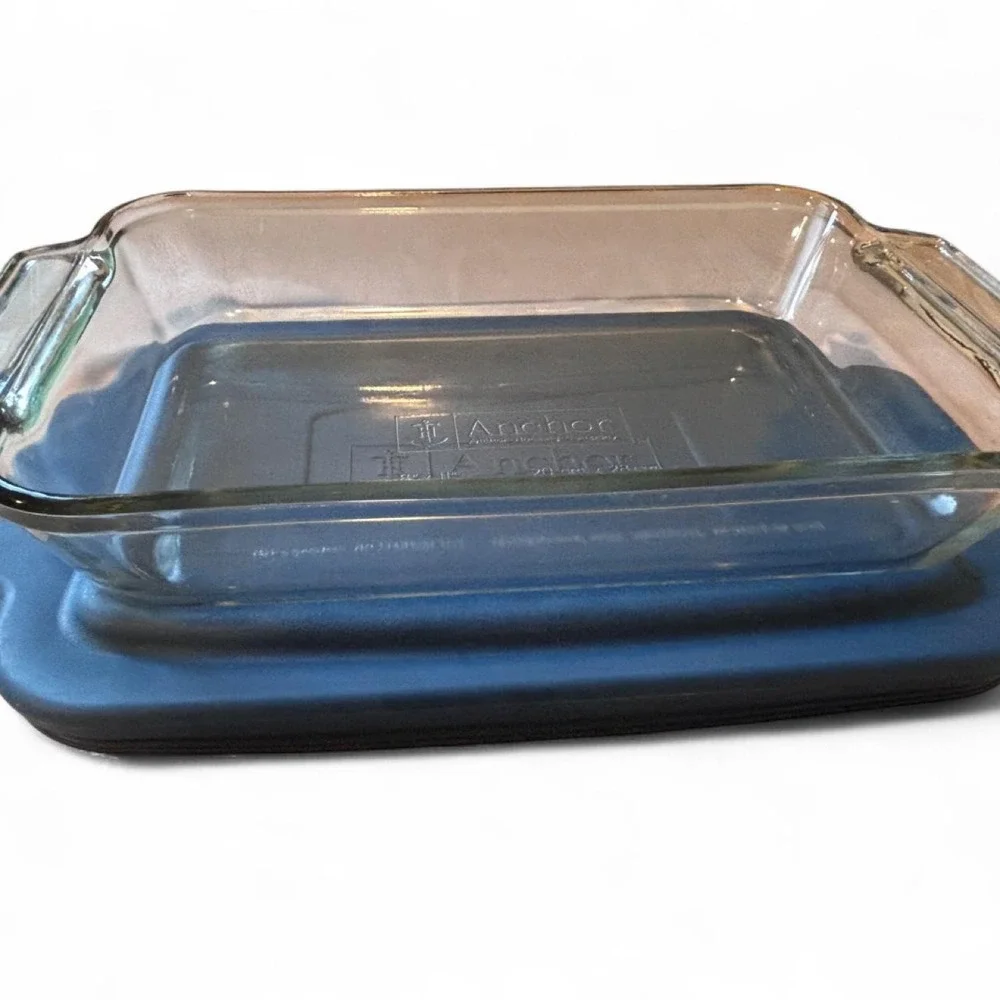 Anchor Hocking 2 Qt Clear Glass Baking Dish Rectangular Casserole Pan Blue Lid
